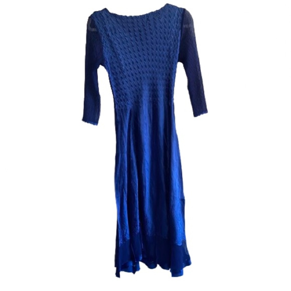 KOMAROV V-Neck Pleated Dress w/ Sheer Sleeves & Hemline Size Small Blue - Picture 4 of 14